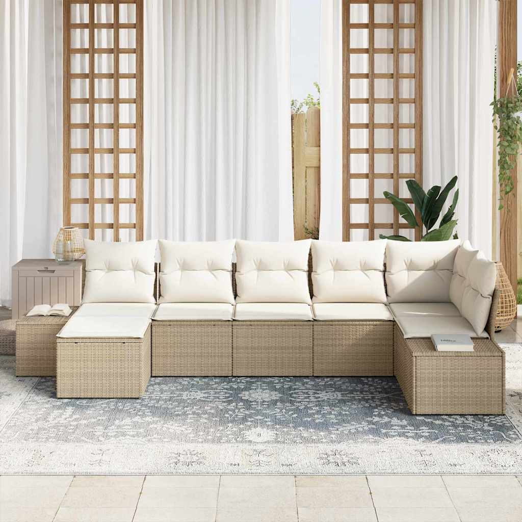 Garten-Sofa-Set mit Kissen mit Speicher 7 pcs Beige Poly-Rattan