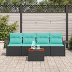 Gartensofa-set 5 pcs Schwarz und Türkis Poly-Rattan