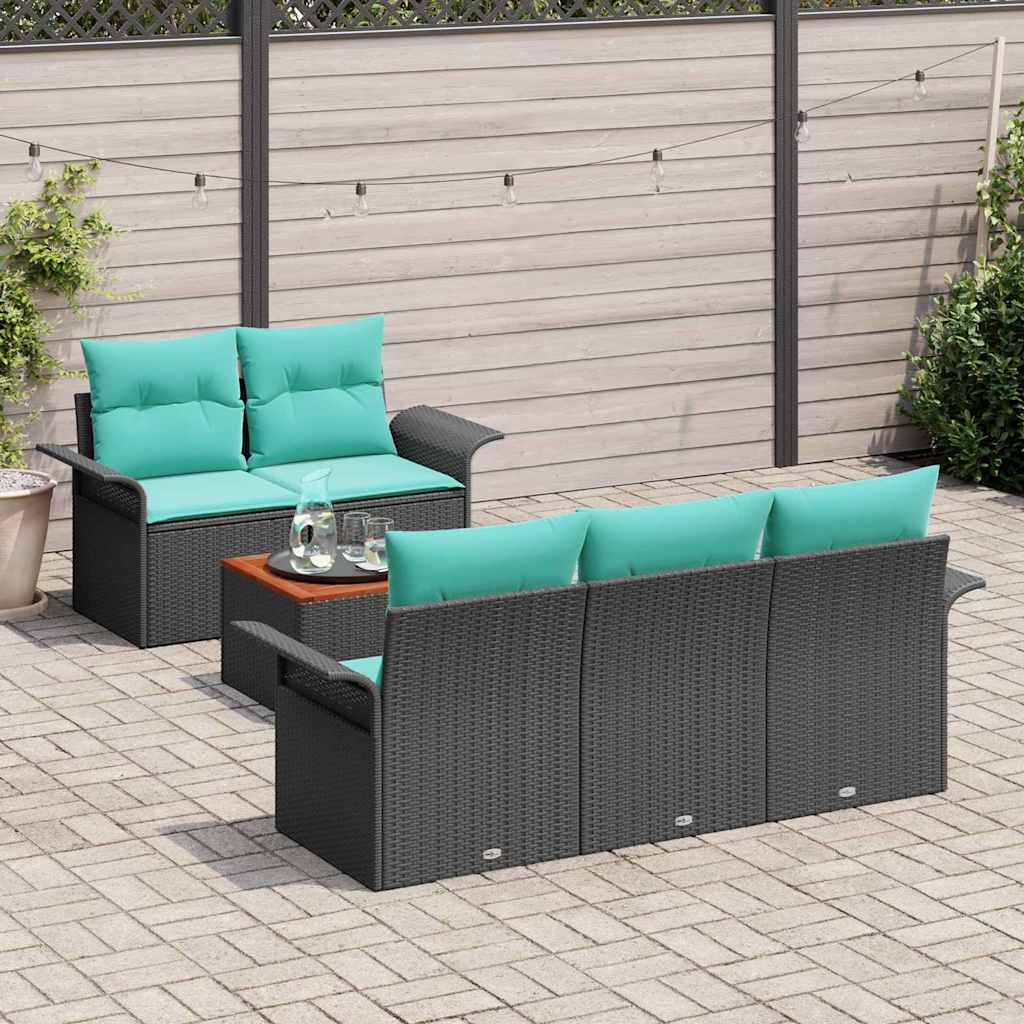 Gartensofa-set 6 pcs Schwarz und Türkis Poly-Rattan