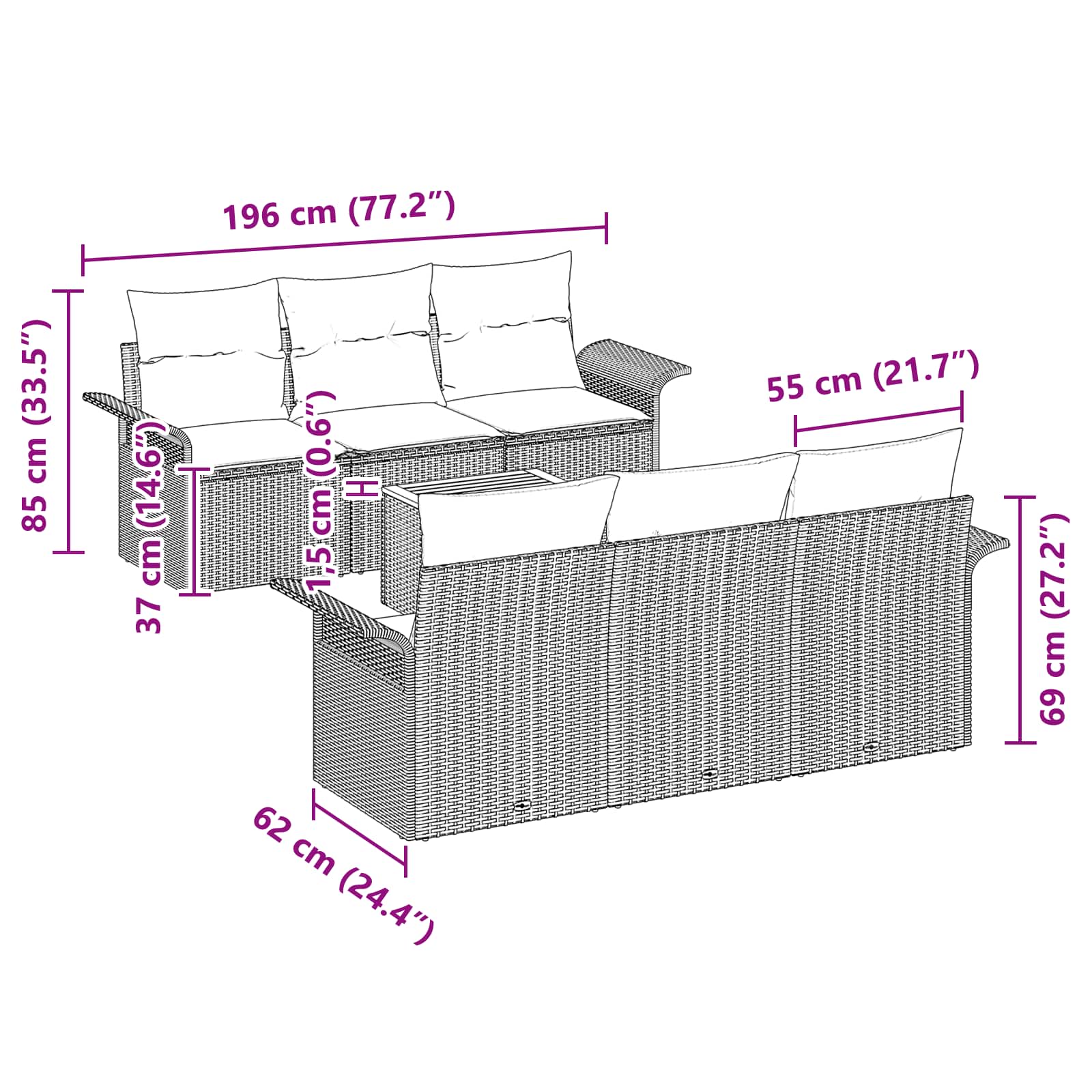 Gartensofa-set 7 pcs Schwarz und Türkis Poly-Rattan