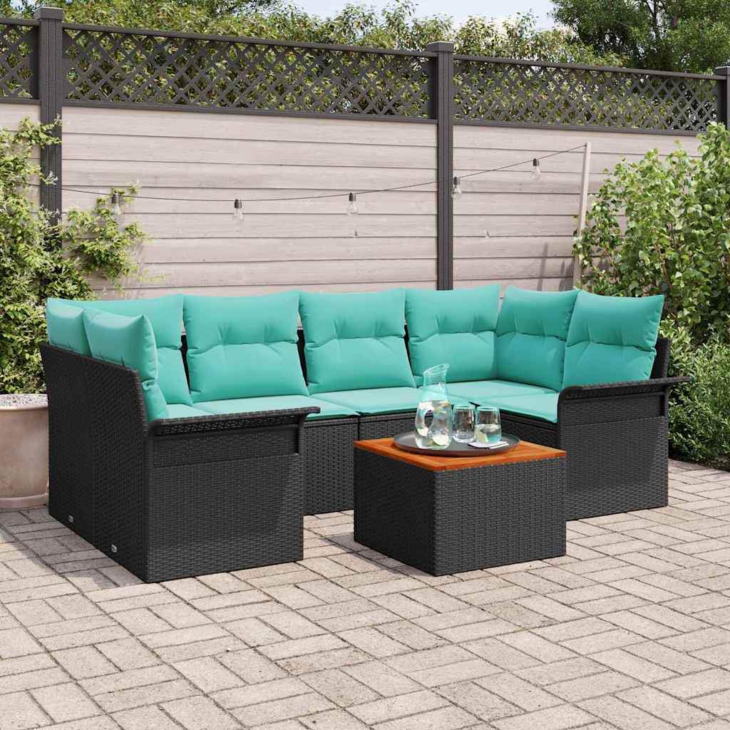 Gartensofa-set 7 pcs Schwarz und Türkis Poly-Rattan