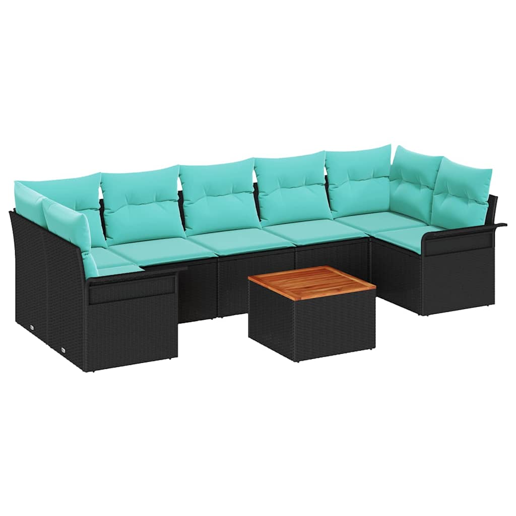 Gartensofa-set 8 pcs Schwarz und Türkis Poly-Rattan
