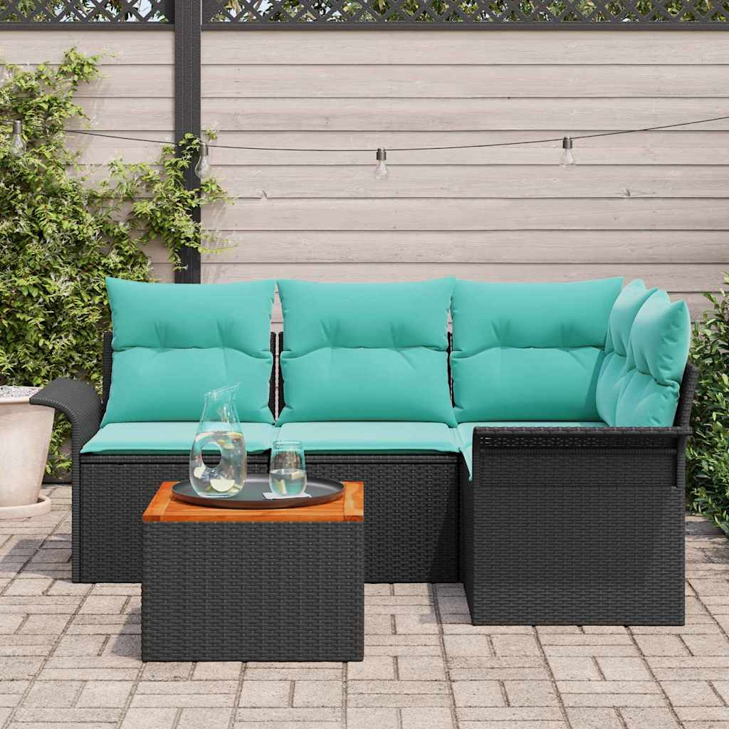 Gartensofa-set 5 pcs Schwarz und Türkis Poly-Rattan