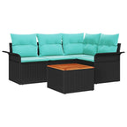 Gartensofa-set 5 pcs Schwarz und Türkis Poly-Rattan