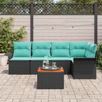 Gartensofa-set 6 pcs Schwarz und Türkis Poly-Rattan