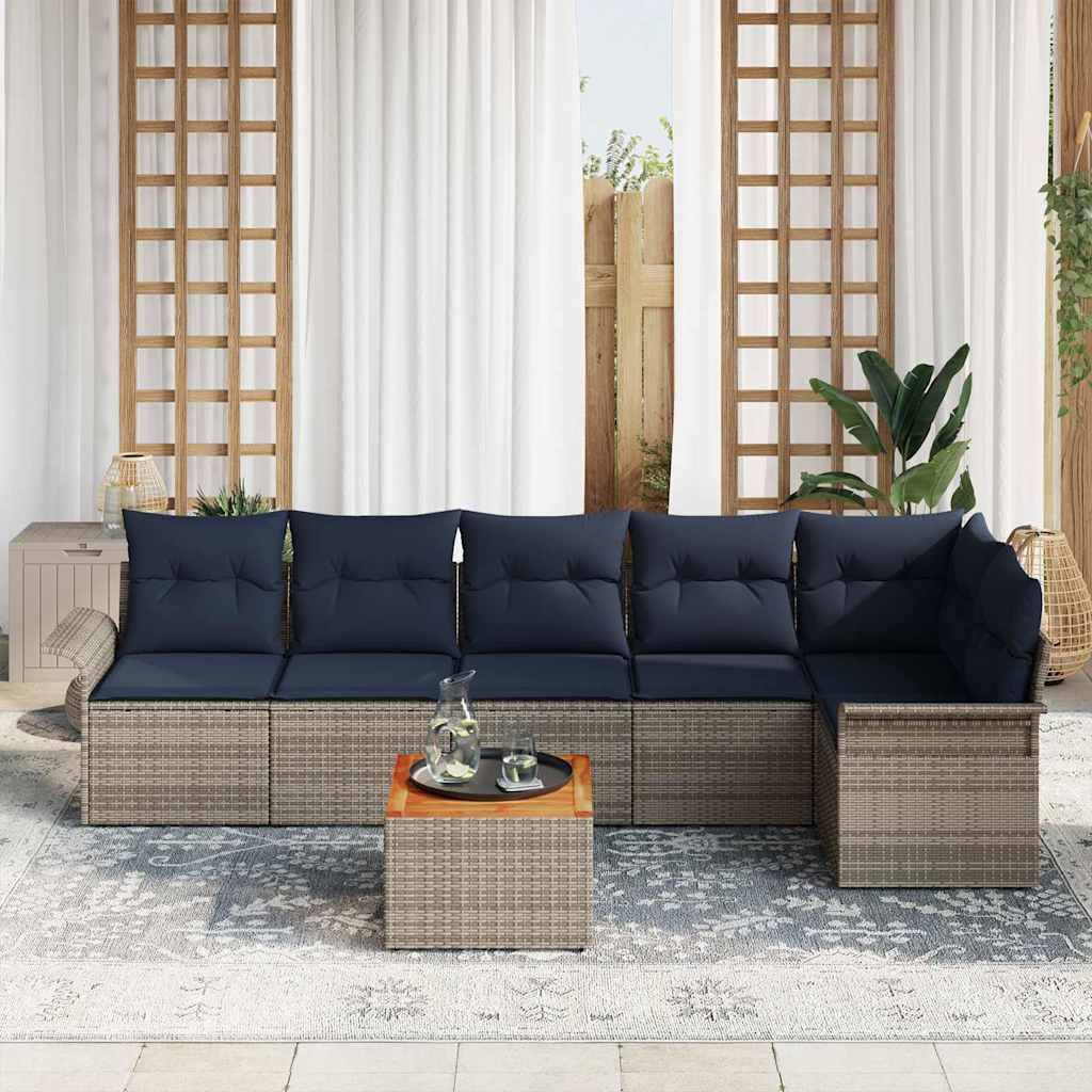Gartensofa-set 7 pcs Grau und Marineblau Poly-Rattan