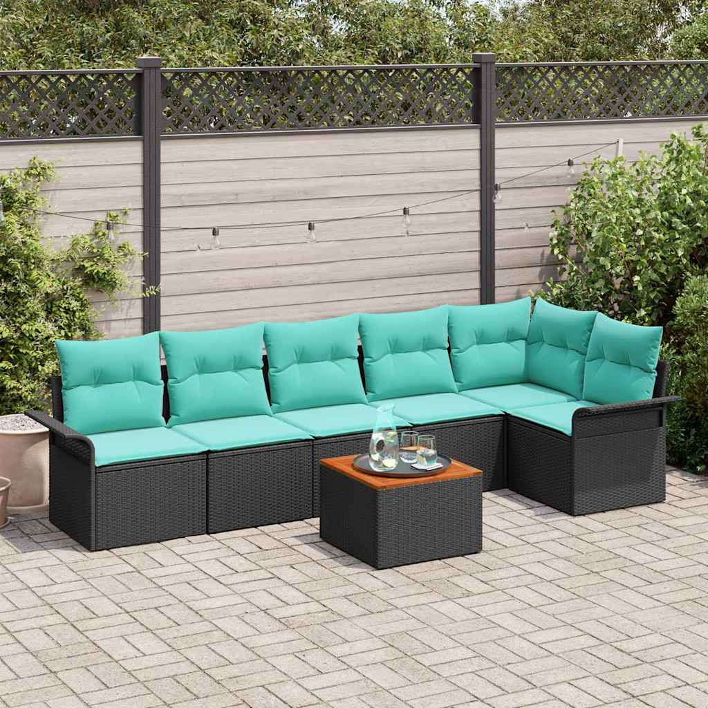 Gartensofa-set 7 pcs Schwarz und Türkis Poly-Rattan