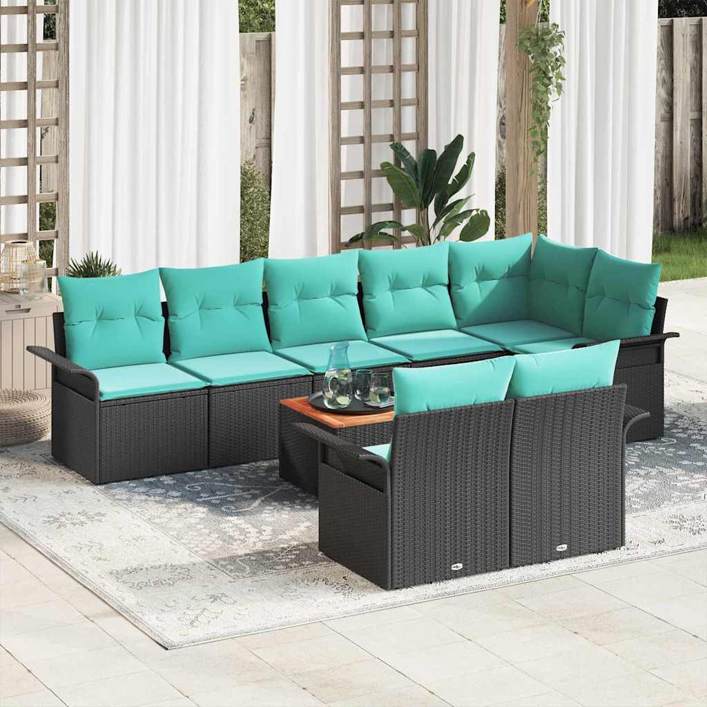 Gartensofa-set 9 pcs Schwarz und Türkis Poly-Rattan