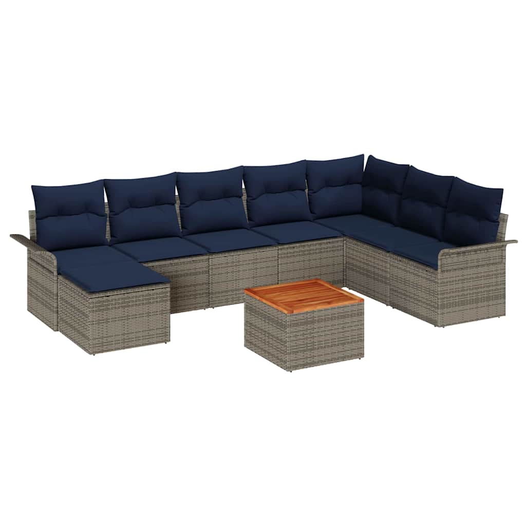 Gartensofa-set 9 pcs Grau und Marineblau Poly-Rattan