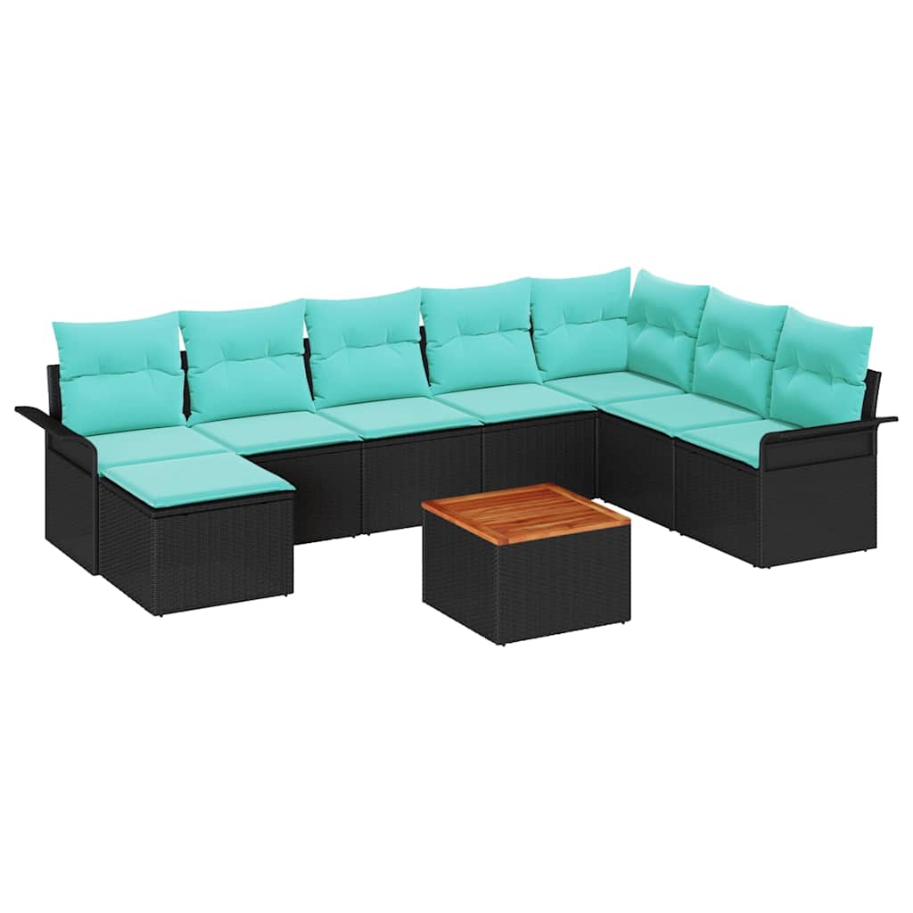 Gartensofa-set 9 pcs Schwarz und Türkis Poly-Rattan
