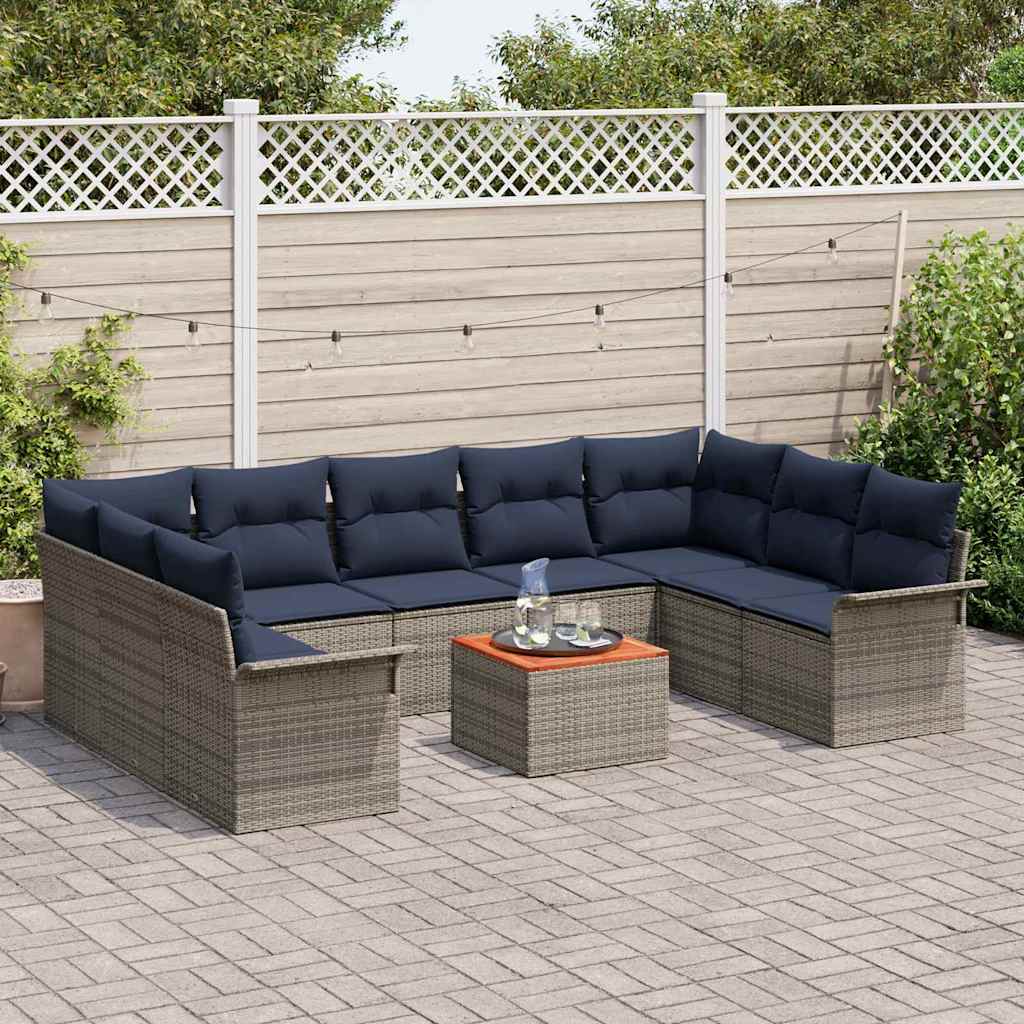 Gartensofa-set 10 pcs Grau und Marineblau Poly-Rattan