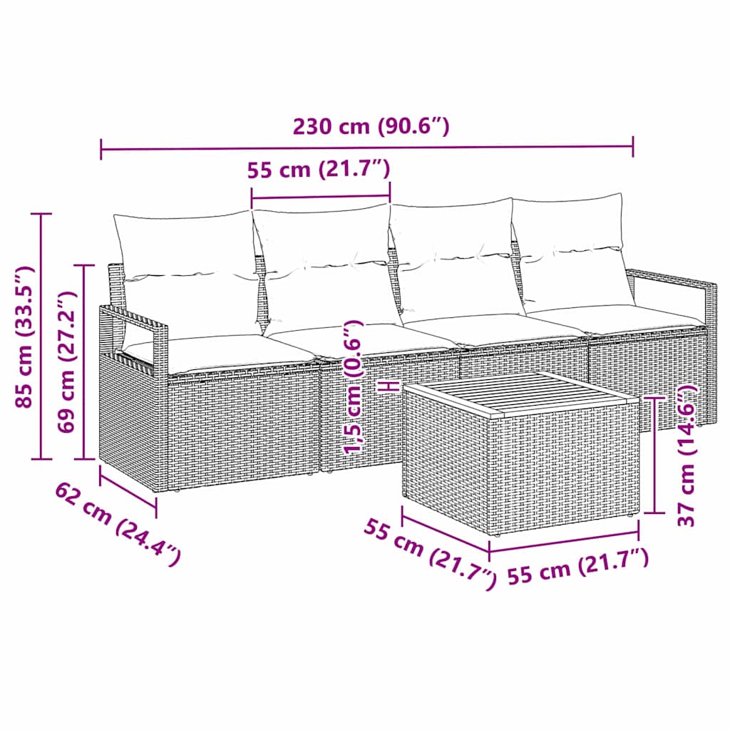 Gartensofa-set mit Speicher 5 pcs Beige und Creme Poly-Rattan
