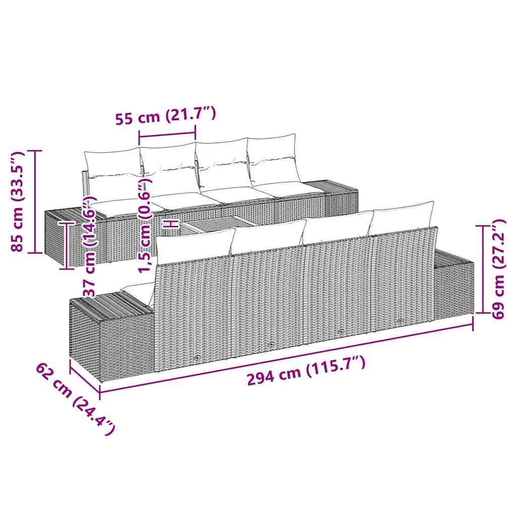 Gartensofa-set mit Speicher 9 pcs Grau Poly-Rattan