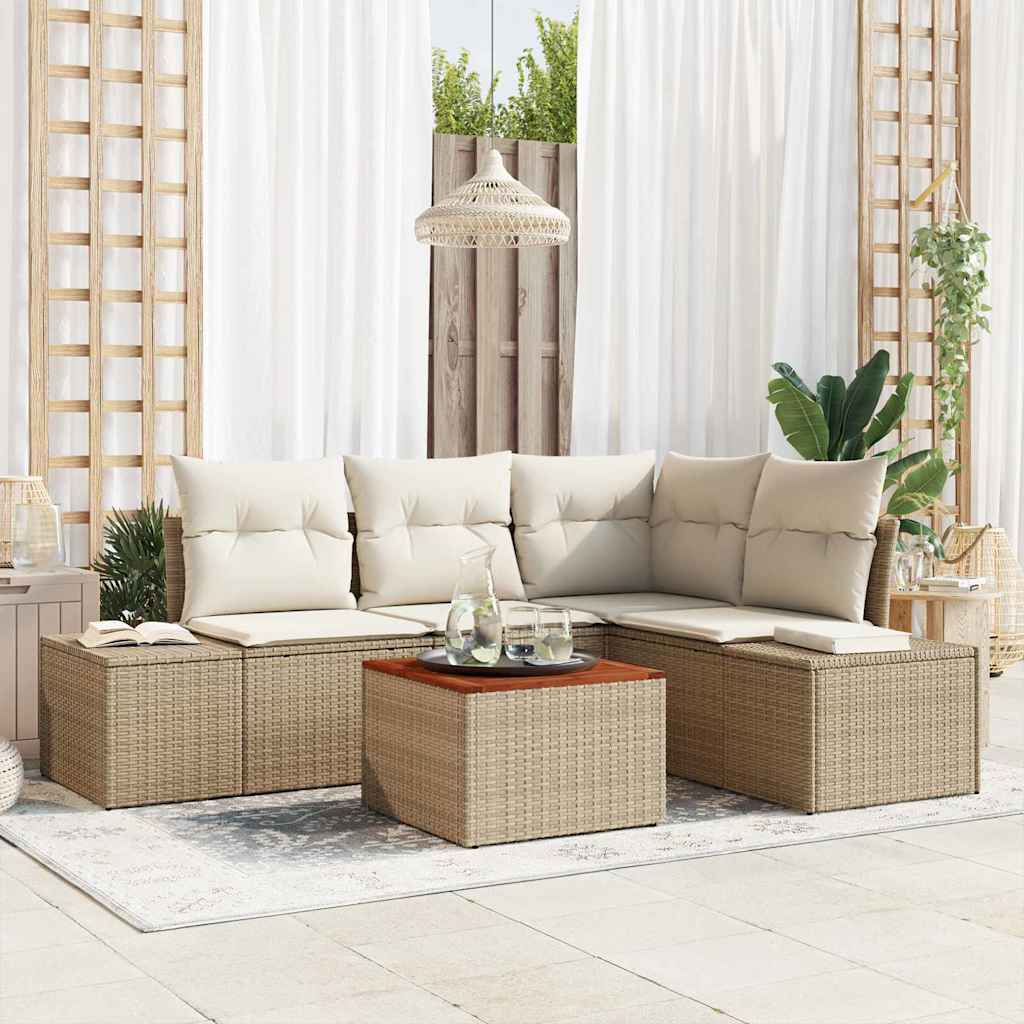 Gartensofa-set mit Speicher 5 pcs Beige und Creme Poly-Rattan