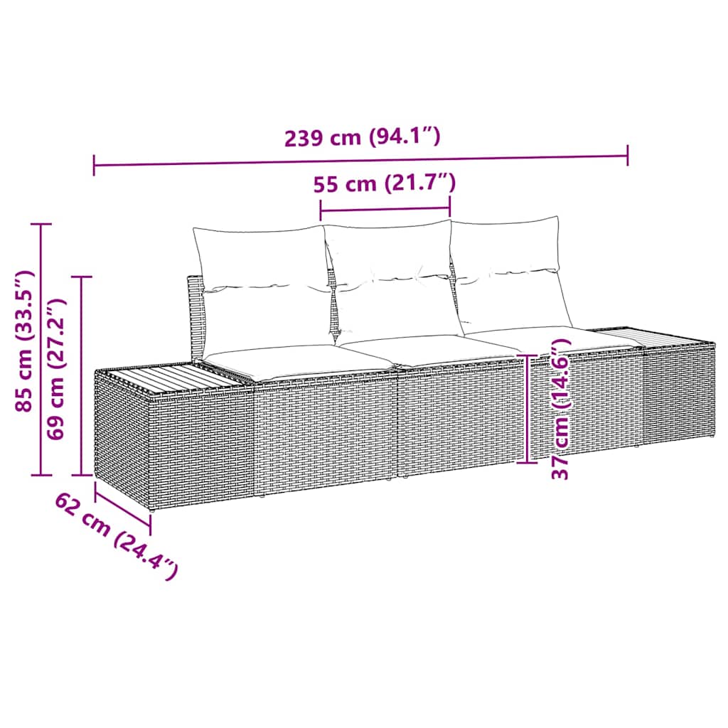 Garten-Sofa-Set 3 pcs Schwarz und Creme Poly Rattan