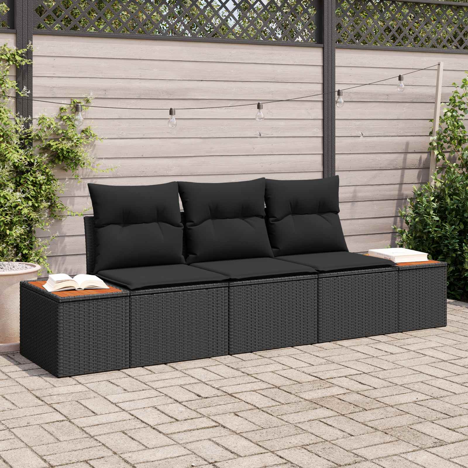 Garten-Sofa-Set mit Speicher 3 pcs Schwarz Poly Rattan