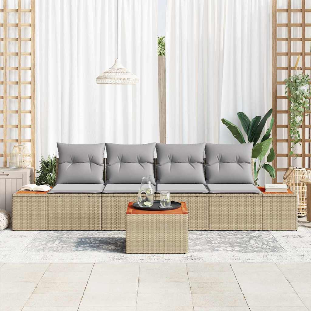 Garten-Sofa-Set mit Kissen mit Speicher 5 pcs Beige Poly Rattan