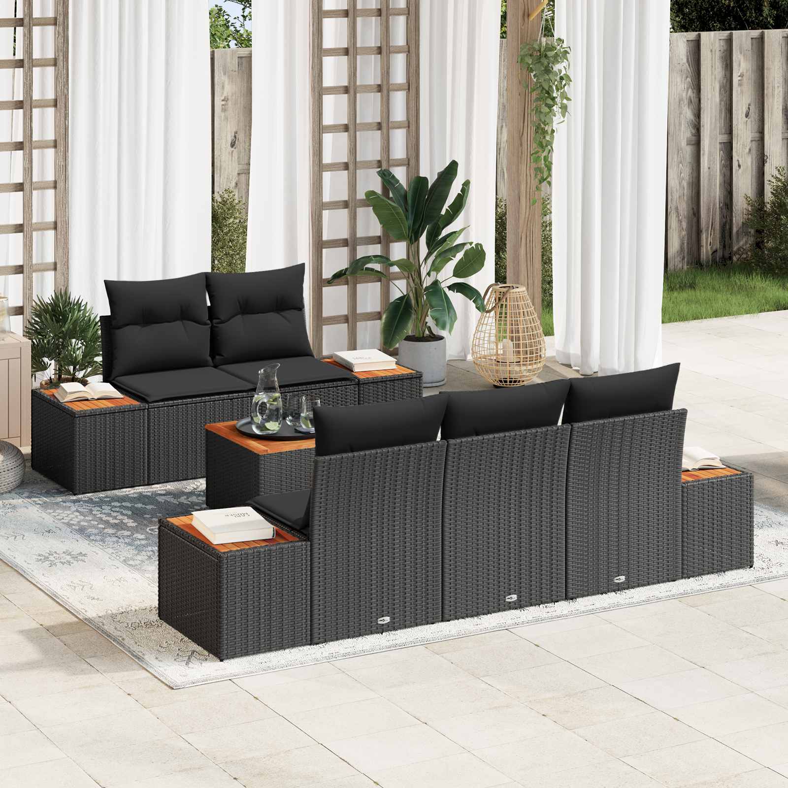Garten-Sofa-Set mit Speicher 6 pcs Schwarz Poly Rattan