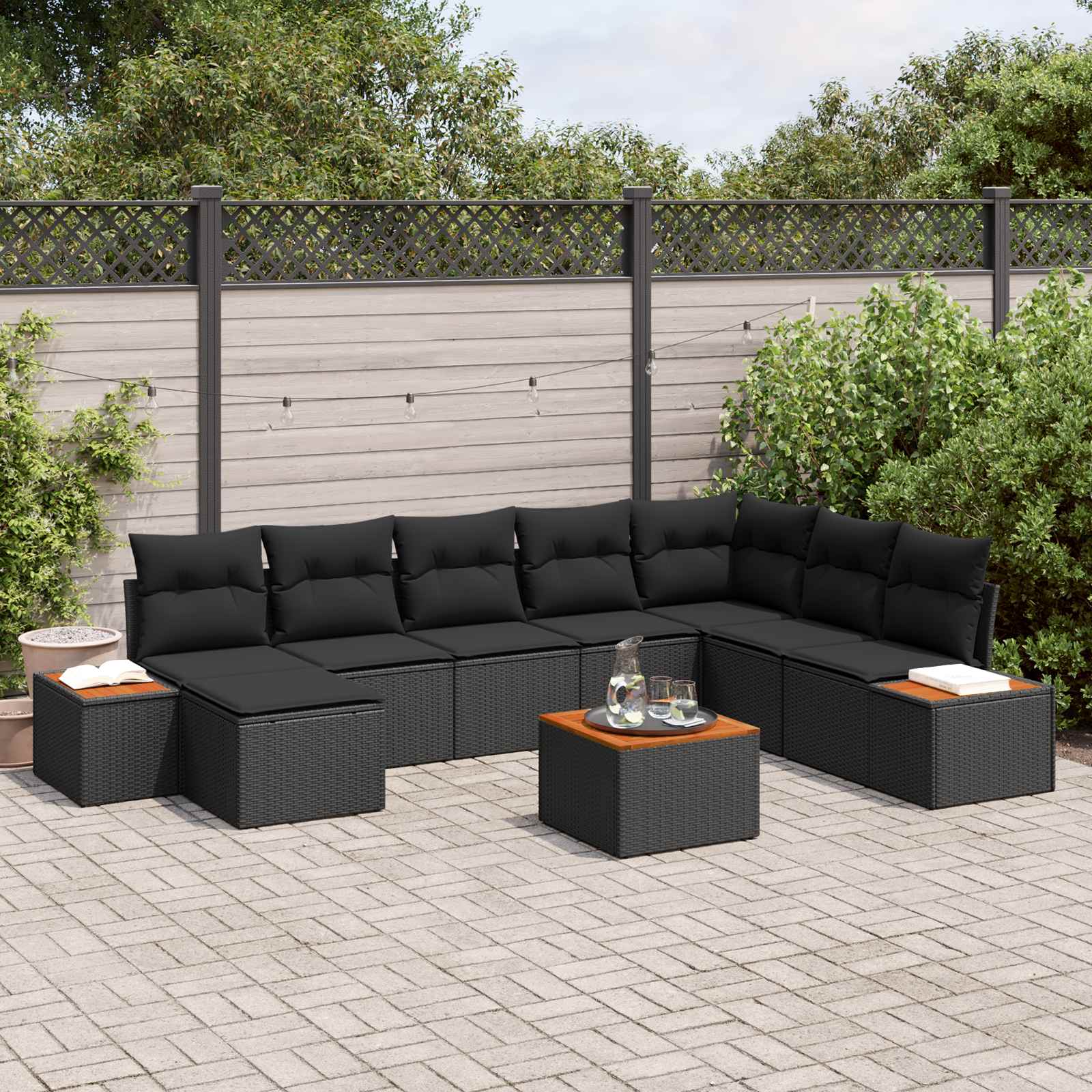 Gartensofa-set mit Kissen mit Speicher 9 pcs Schwarz Polyrattan
