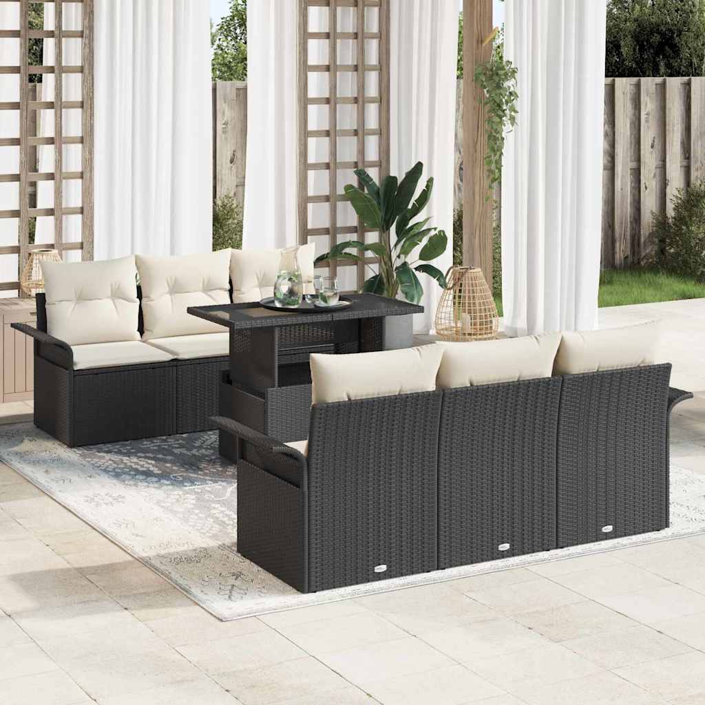 Garten-Sofa-Set mit Kissen 7 pcs Schwarz Poly Rattan