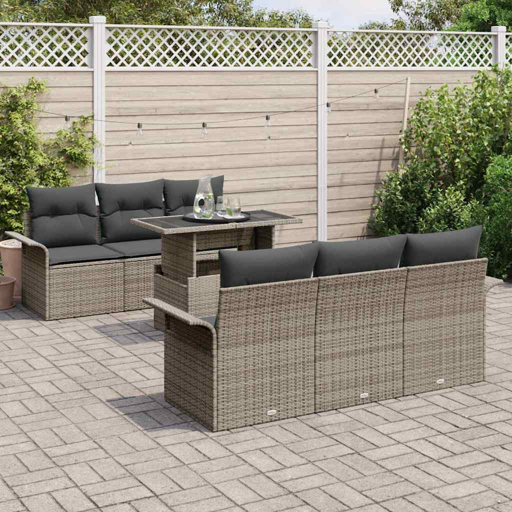 Gartensofa-set mit Kissen mit Speicher 7 pcs Grau Poly Rattan