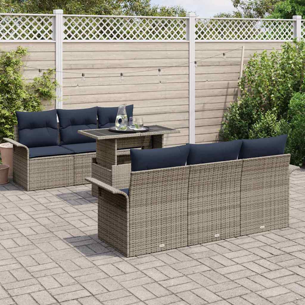 Gartensofa-set mit Kissen mit Speicher 7 pcs Grau Poly Rattan