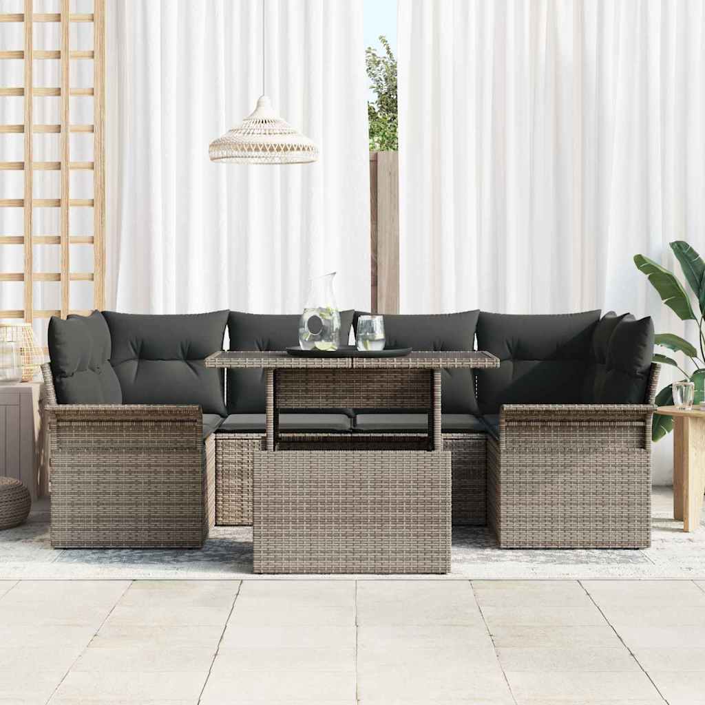 Gartensofa-set mit Kissen mit Speicher 7 pcs Grau Poly Rattan