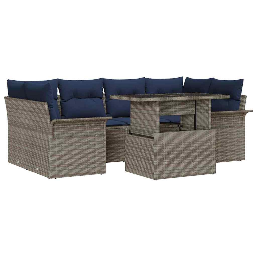 Gartensofa-set mit Kissen mit Speicher 7 pcs Grau Poly Rattan