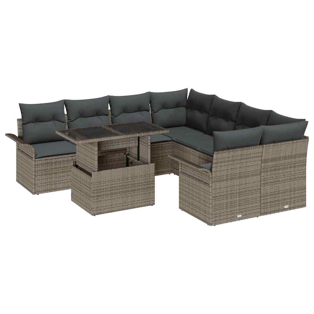 Gartensofa-set mit Kissen mit Speicher 9 pcs Grau Poly Rattan
