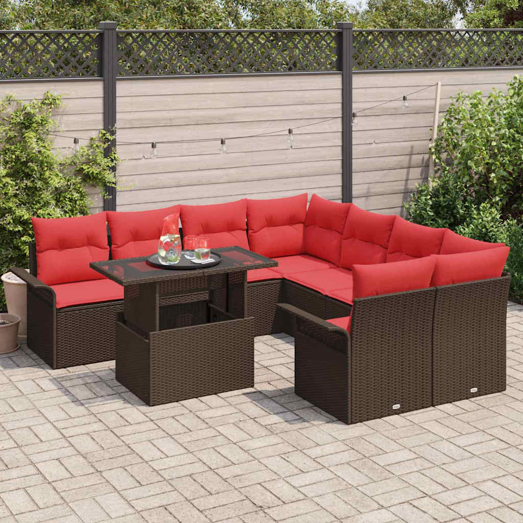 Gartensofa-set mit Kissen mit Speicher 9 pcs Braun Poly Rattan