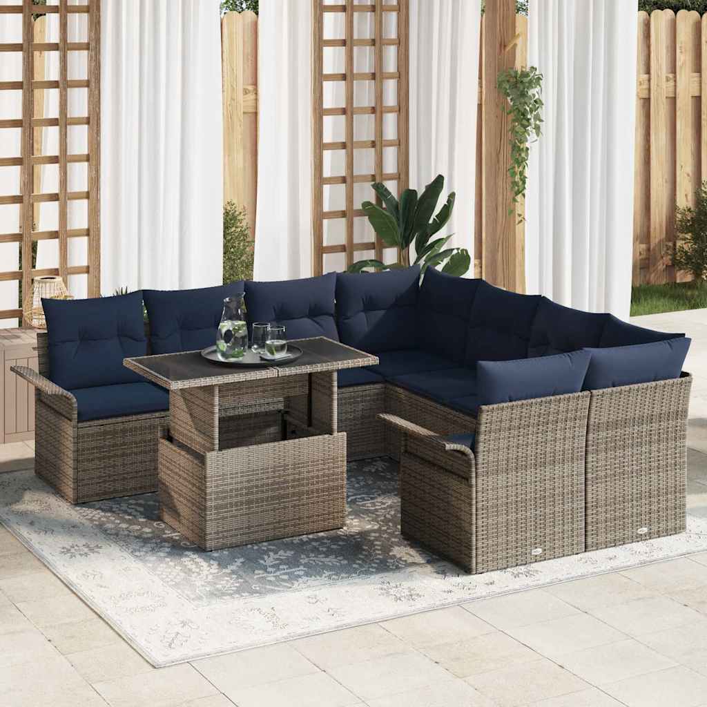 Gartensofa-set mit Kissen mit Speicher 9 pcs Grau Poly Rattan