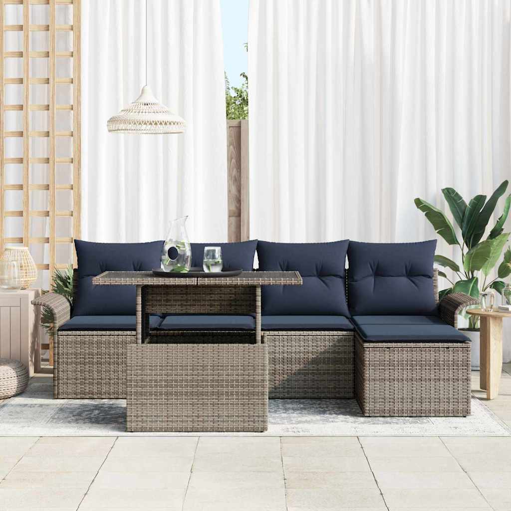 Garten-Sofa-Set mit Kissen mit Speicher 6 pcs Grau Poly Rattan