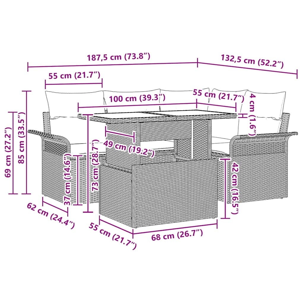 Gartensofa-set mit Kissen 5 pcs Schwarz Poly Rattan