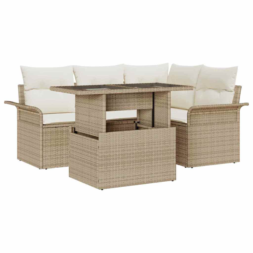 Gartensofa-set mit Kissen mit Speicher 5 pcs Beige Poly Rattan