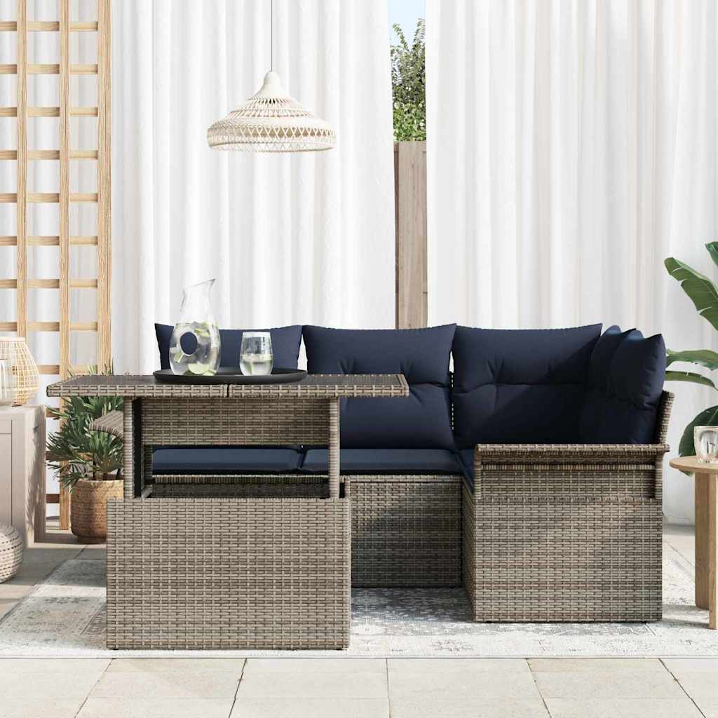 Gartensofa-set mit Kissen mit Speicher 5 pcs Grau Poly Rattan