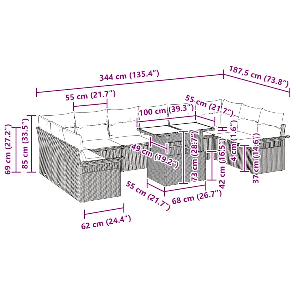 Gartensofa-set mit Kissen mit Kissen 11 pcs Braun Poly Rattan