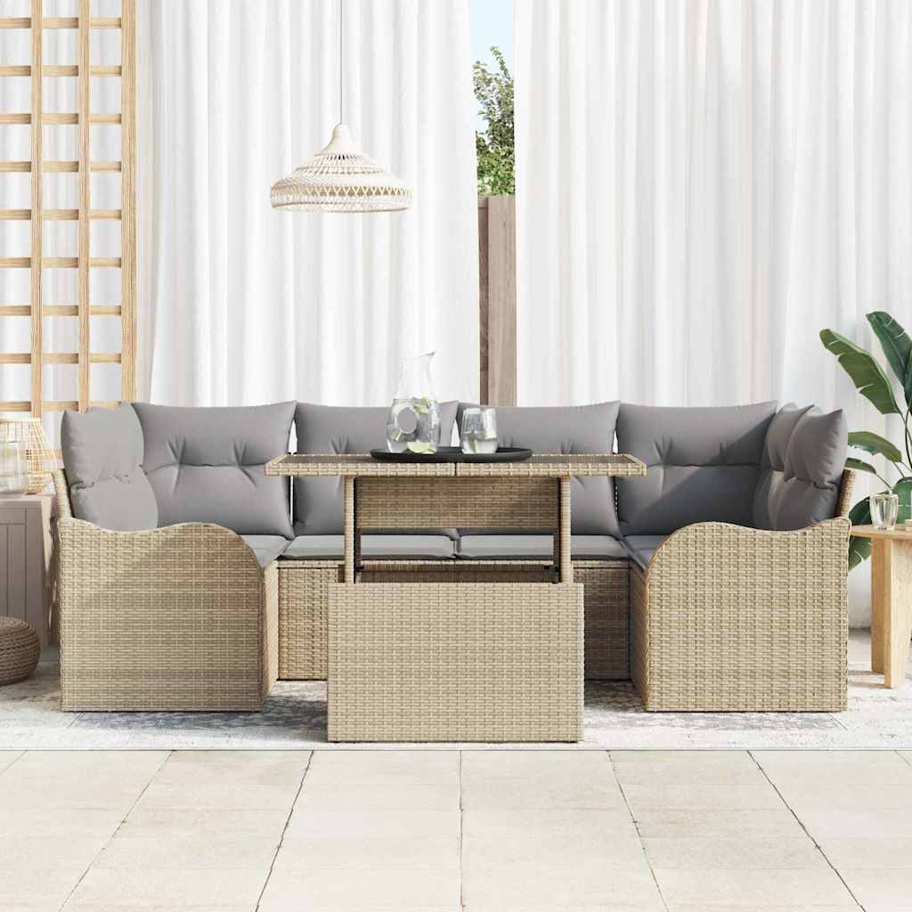 Gartensofa-set mit Kissen mit Speicher 7 pcs Beige Poly Rattan