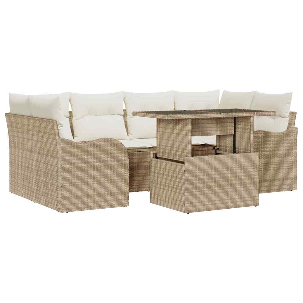 Gartensofa-set mit Kissen mit Speicher 7 pcs Beige Poly Rattan