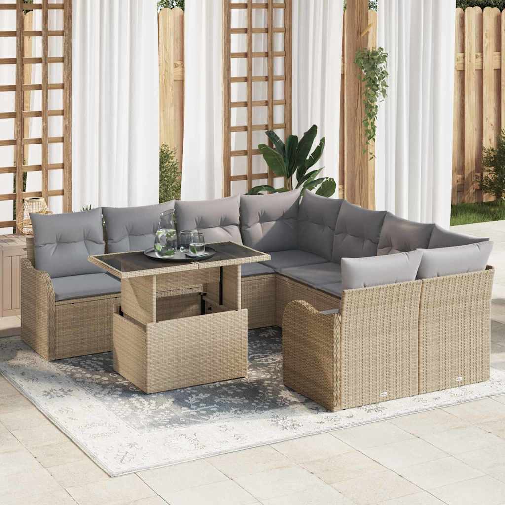 Gartensofa-set mit Kissen mit Kissen 9 pcs Beige Polyrattan