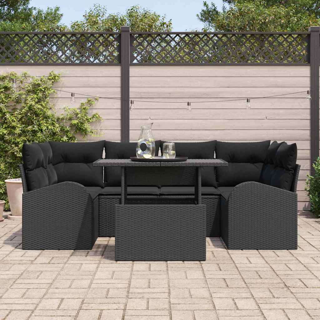 Garten-Sofa-Set mit Kissen mit Kissen 7 pcs Schwarz Poly Rattan