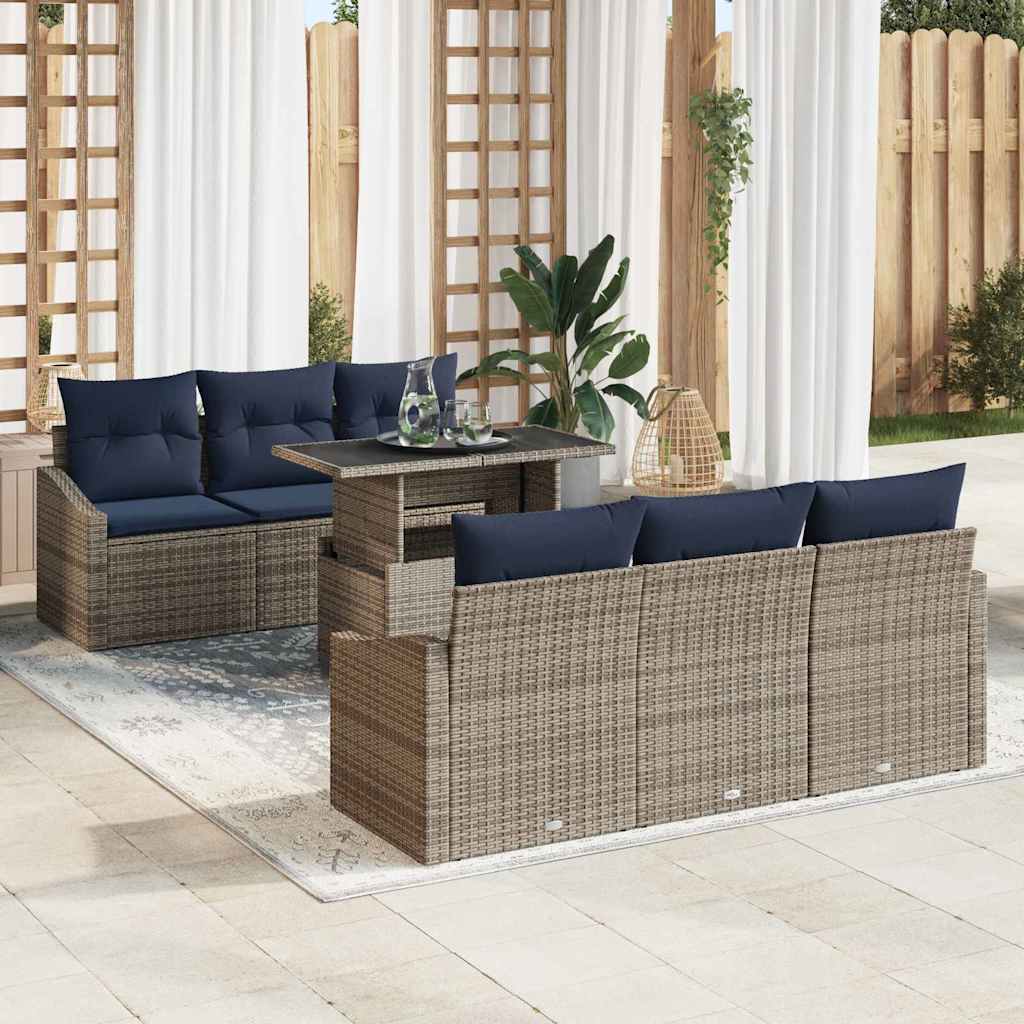 Garten-Sofa-Set mit Kissen mit Speicher 7 pcs Grau Poly-Rattan