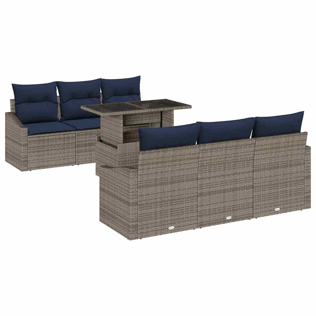 Garten-Sofa-Set mit Kissen mit Speicher 7 pcs Grau Poly-Rattan