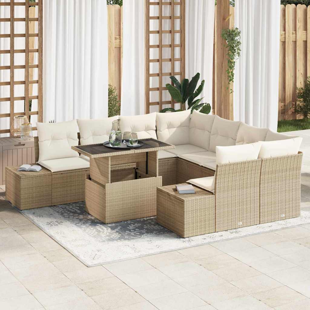 Gartensofa-set mit Kissen 9 pcs Beige und Creme Poly-Rattan