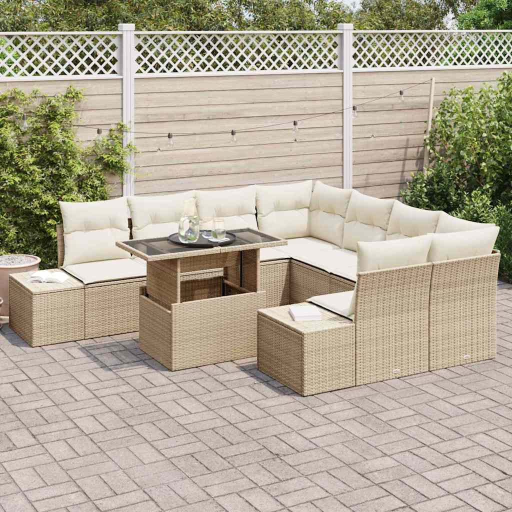 Gartensofa-set mit Kissen 9 pcs Beige und Creme Poly-Rattan