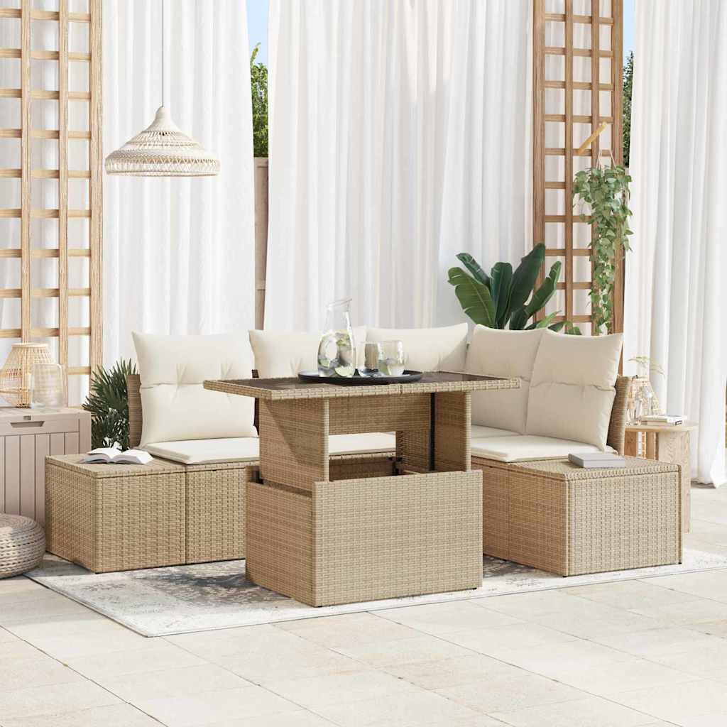 Gartensofa-set mit Kissen mit Speicher 5 pcs Beige Poly-Rattan