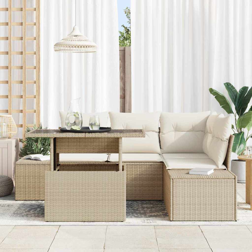 Gartensofa-set mit Kissen mit Speicher 5 pcs Beige Poly-Rattan