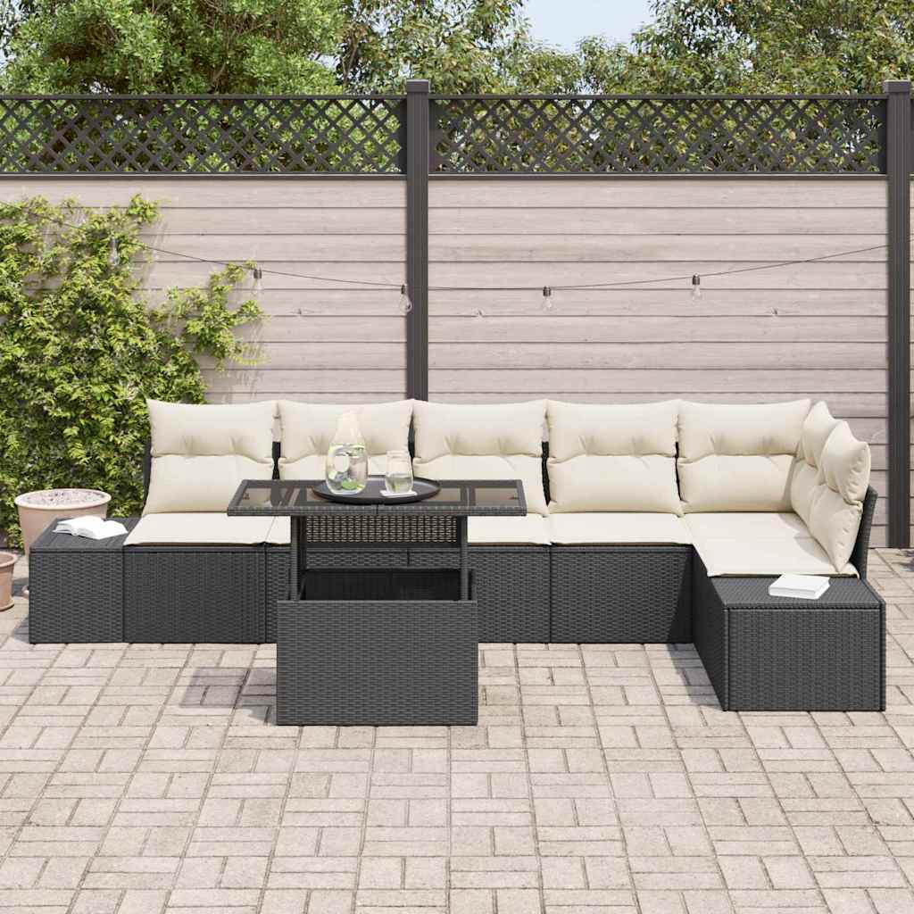 Gartensofa-set mit Kissen 7 pcs Schwarz Poly-Rattan
