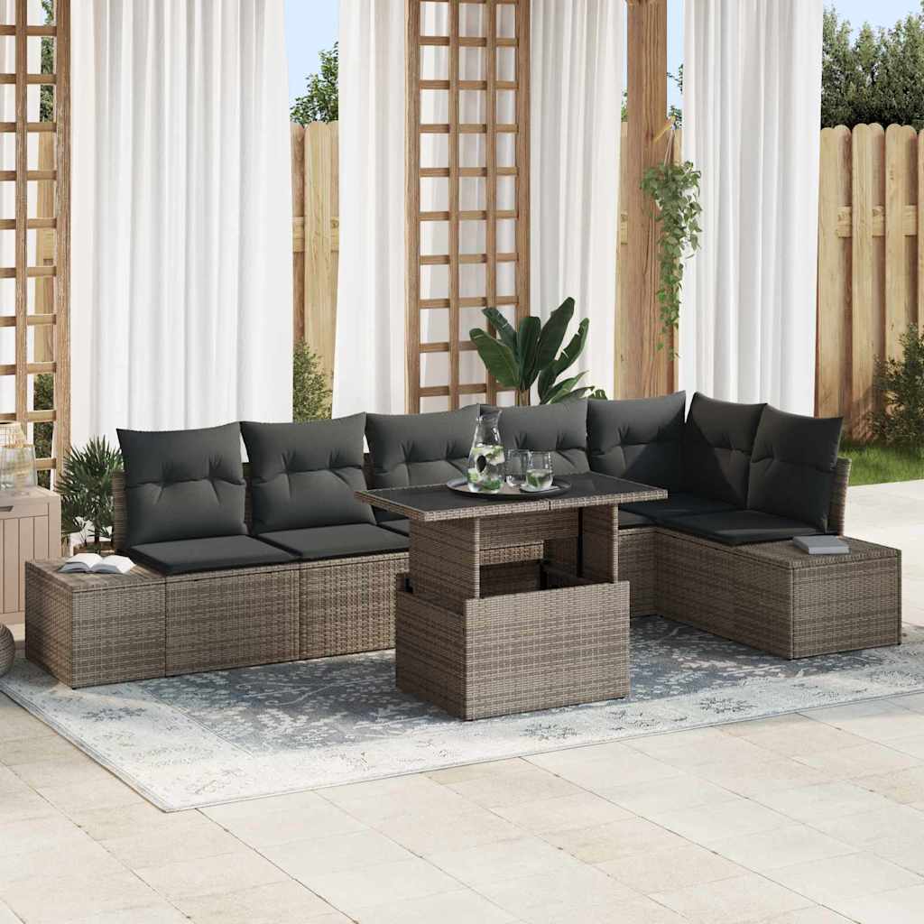Gartensofa-set mit Kissen mit Speicher 7 pcs Grau Poly-Rattan