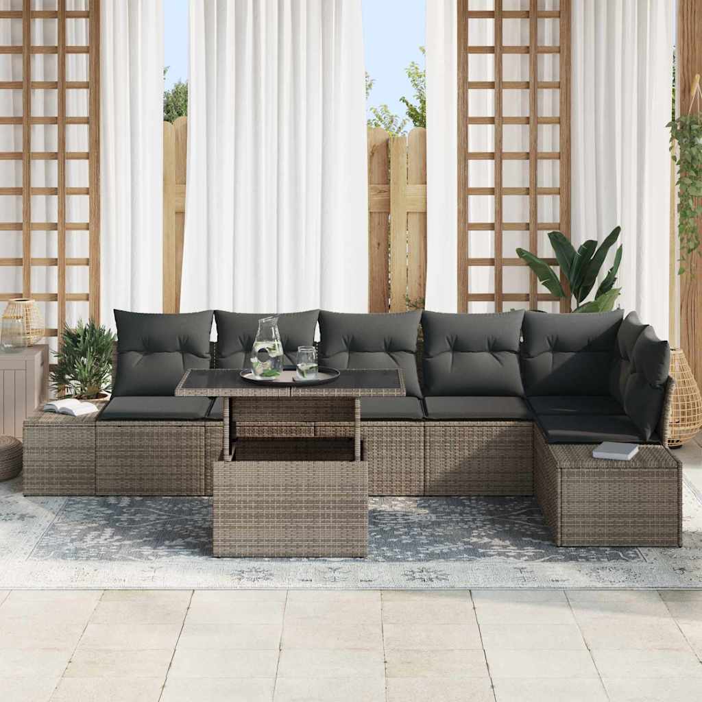 Gartensofa-set mit Kissen mit Speicher 7 pcs Grau Poly-Rattan