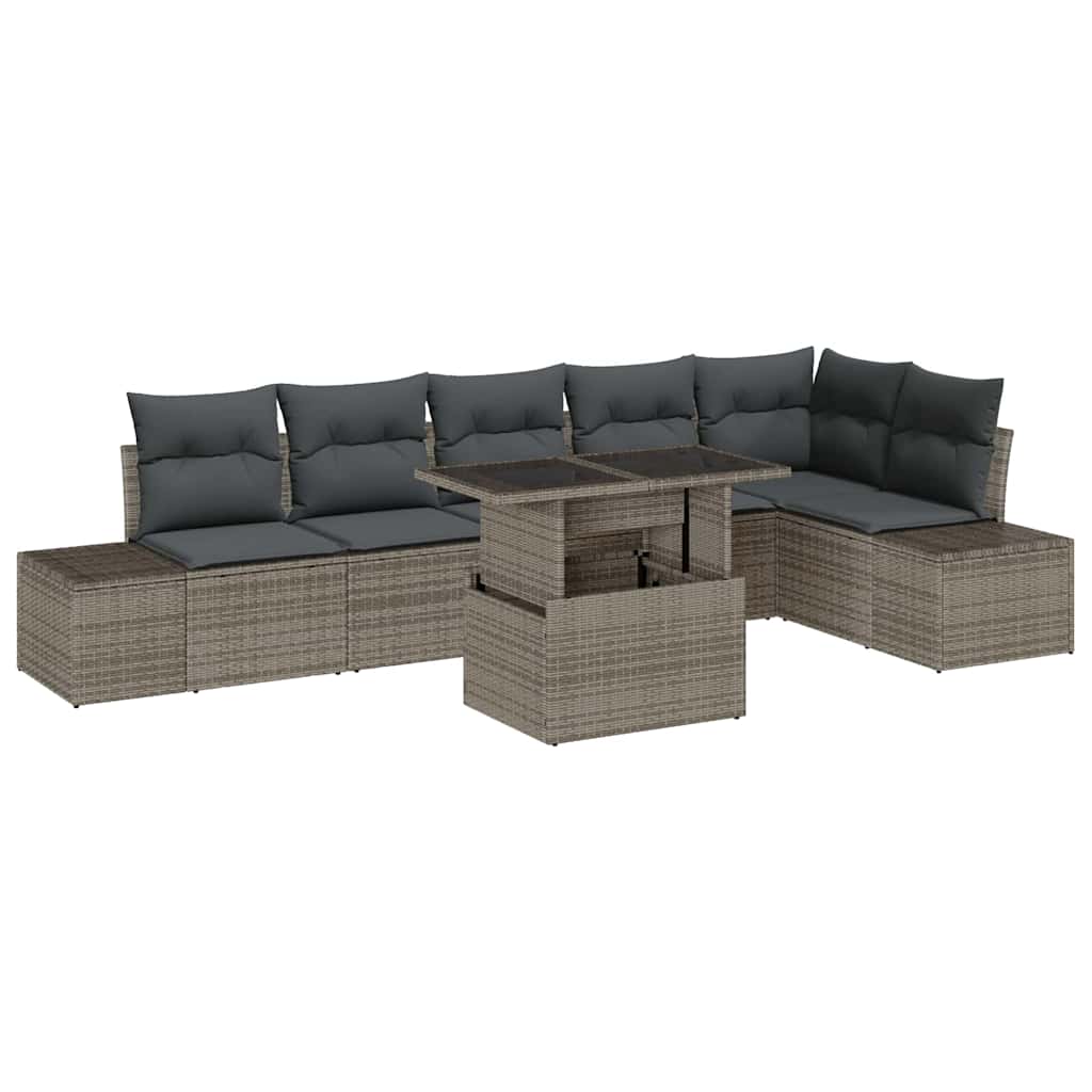 Gartensofa-set mit Kissen mit Speicher 7 pcs Grau Poly-Rattan